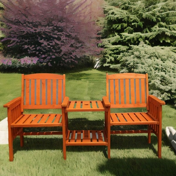 Rafaelo Mobilia Wooden 2 Seater Outdoor Bench With 2 Tier Table Brown