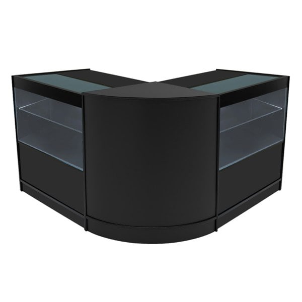 Black Selene LED shop counter set featuring a sleek, modern design with glass display sections and a curved shape for stylish retail presentation