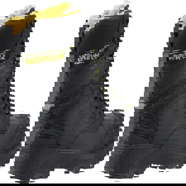 Caterpillar Striver XL 8" Mens Side Zip Waterproof S7 Safety Ankle Boots, durable black waterproof work boots with yellow accents and side zipper for easy wear.