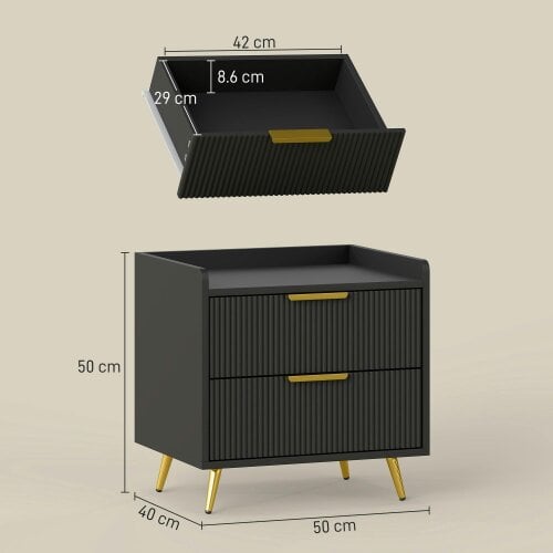 Wyld Haus Vevele Black Elegant 2 Drawer Ribbed Bedside Table with Gold Accents