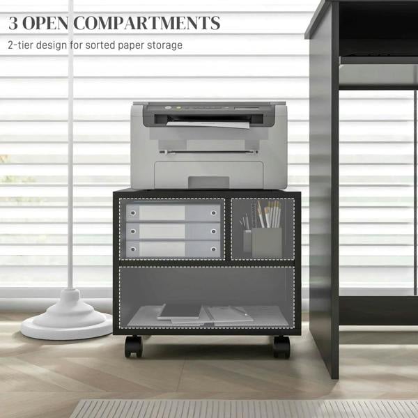 Black printer cabinet showing two-tier compartments and open front storage