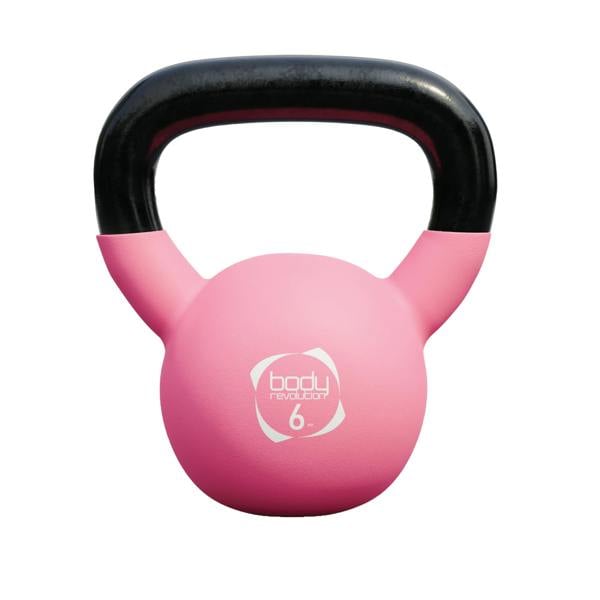 Body Revolution 6kg pink neoprene kettlebell with a black handle, featuring a smooth texture and ergonomic design for comfortable grip