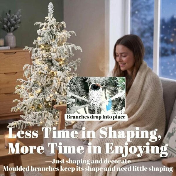Bobobiy 4ft Prelit Flocked Christmas Tree, Artificial Snow Flocked Spruce with 160 Warm White LED Lights, 8 Modes, Green