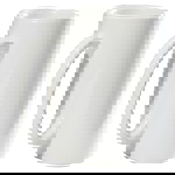 Simple white ceramic coffee mug with large curved handle, 11oz capacity.