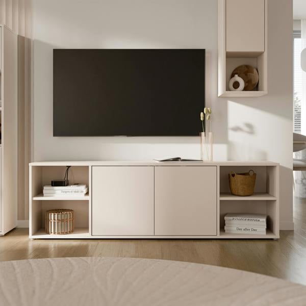 Furniture To Go Alice Springs Wide TV Cabinet with 2 Doors Push-to-Open & 2 Open Shelves in Sand