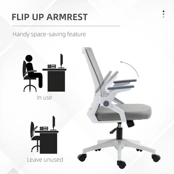 Grey mesh desk chair with flip-up armrest design and swivel base with casters
