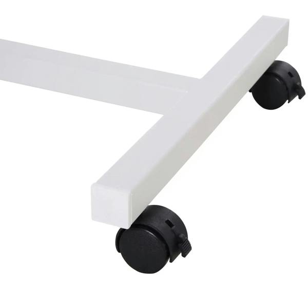 Over-bed table caster wheel with black locking housing on white frame
