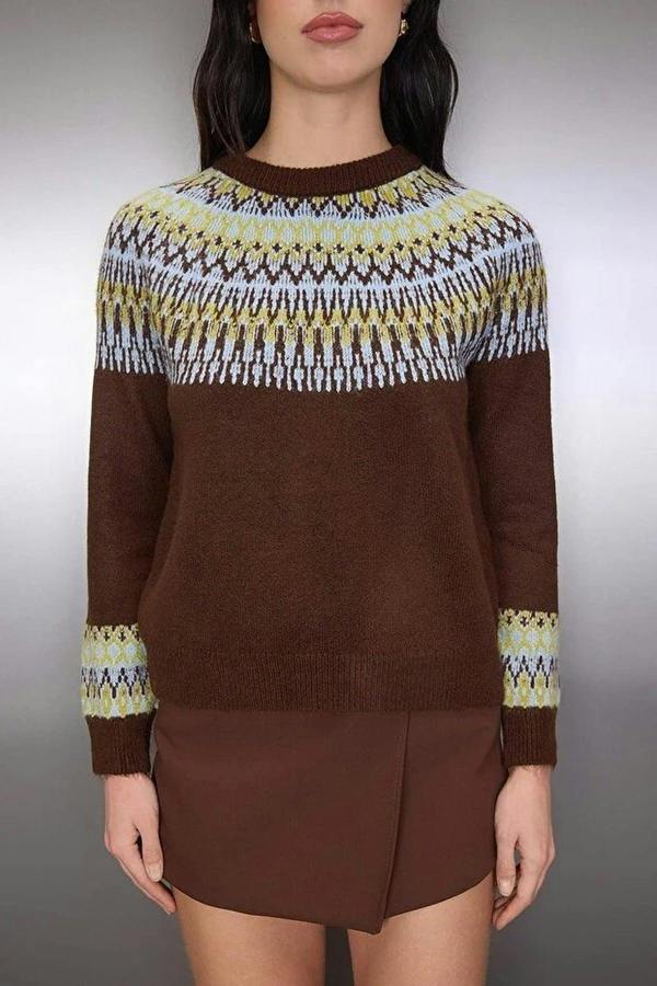 WOVCOR Soft Textured Ethnic Patterned Knit Sweater
