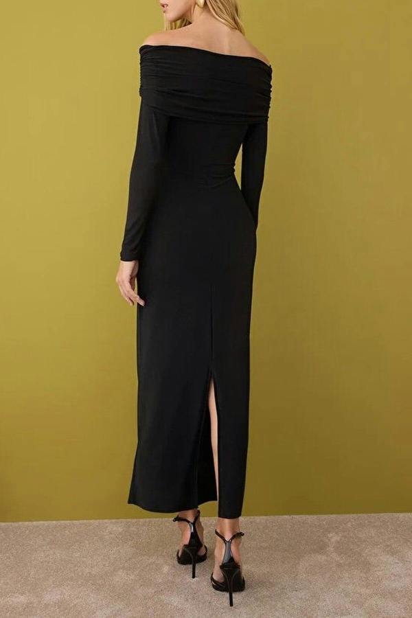 WOVCOR Collar Detail Knitted Midi Unlined Evening Dress