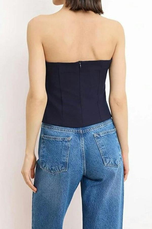 WOVCOR Strapless Fitted Woven Blouse with Thin Belt Detail
