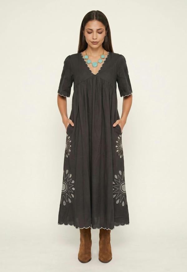 Raffya Ibiza Smock Embroidered Midi Dress In Slate Grey