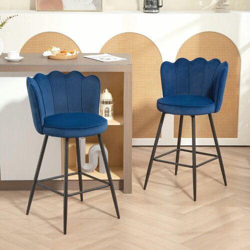 Wyld Haus Yovafi Set Of 2 Dark Blue Velvet Upholstered Lotus Style Bar Stools