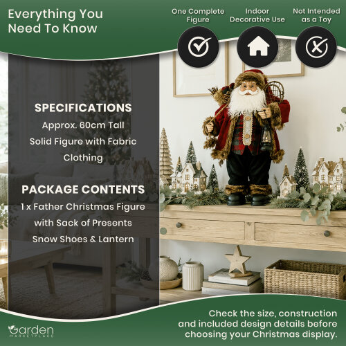 60cm Rustic Father Christmas Figure with Sack of Presents, Snow Shoes and Lantern, Free-Standing Indoor Santa Decoration with Fabric Clothing