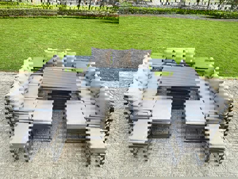 Fimous 13 Seater Aluminum Outdoor Patio Furniture Set with Adjustable Rising Dining Table, 4 Footstools, 2 Side Tables - Grey