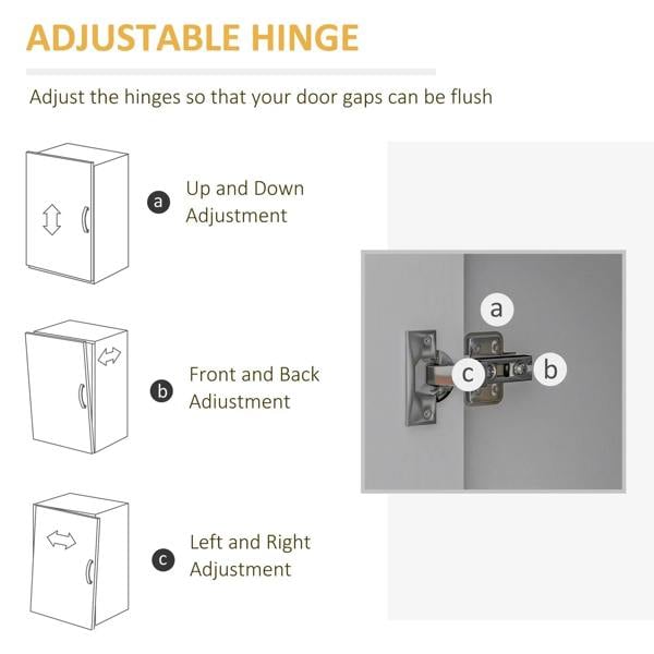 White cabinet hinge adjustment diagram showing up-down, front-back, and left-right settings