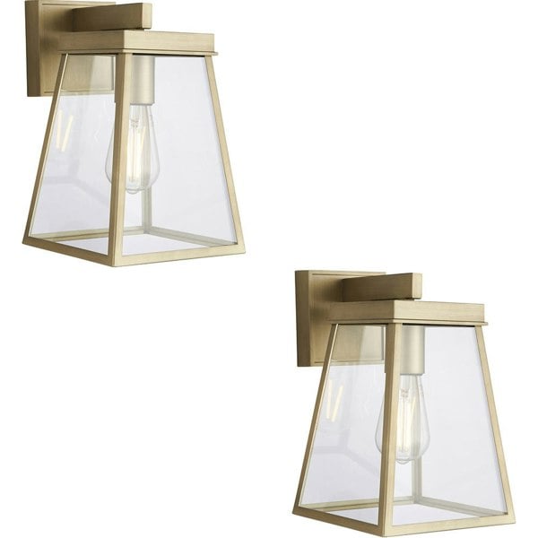 2 PACK IP44 Outdoor Wall Light - Brushed Gold & Clear Glass Shade - Garage Porch Lamp