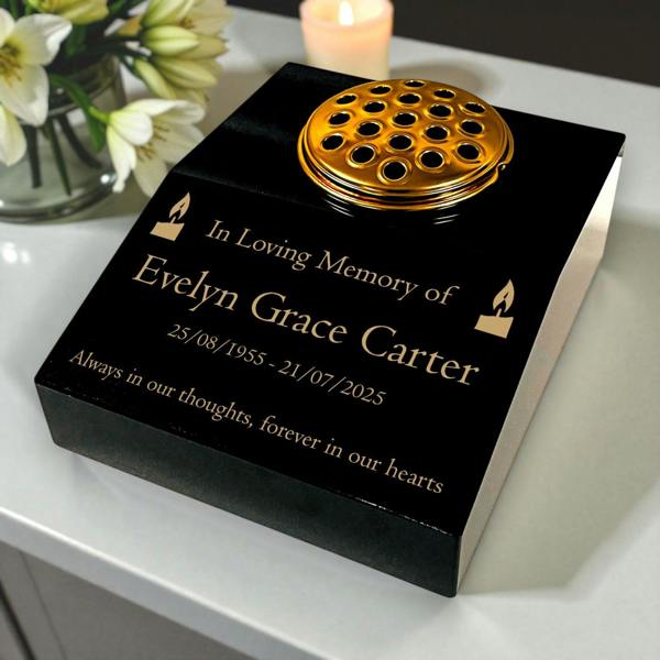 Memorials Direct Black Granite Sloping Memorial Desk with Vase – Candle Design, Free Gold Engraving