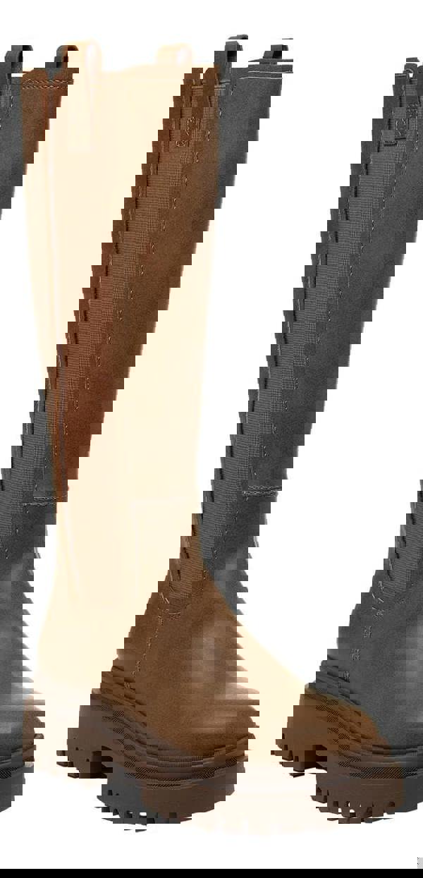 Rocket Dog Drea Womens Tall Knee High Full Zip Up Wedge Boots, brown leather knee-high boots with a full zip closure at the front and a chunky wedge sole.