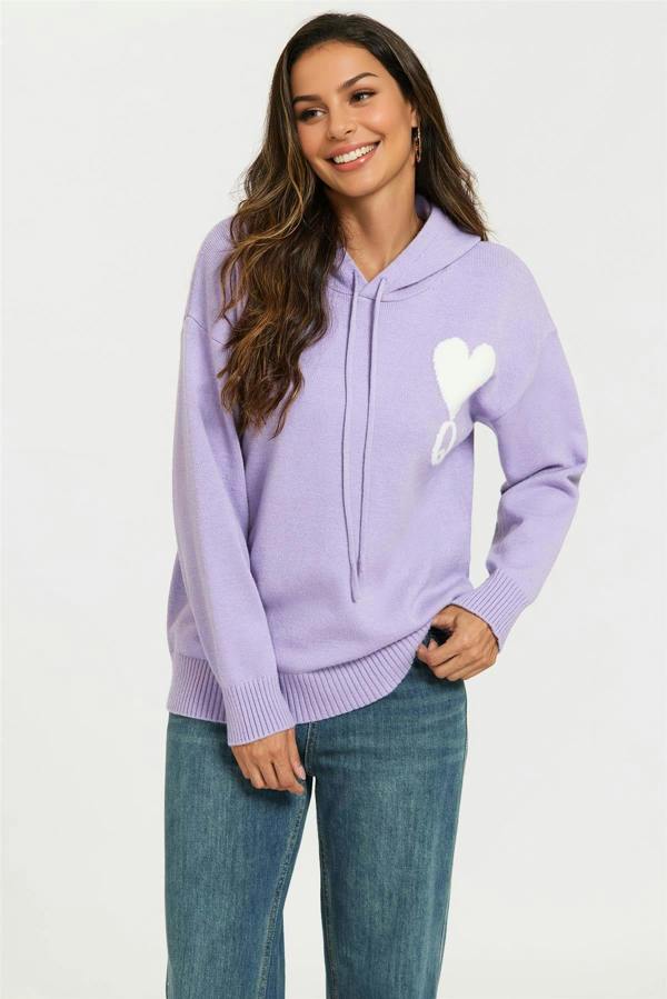 FS Collection Heart & Q Pattern Knitted Hoodie In Purple