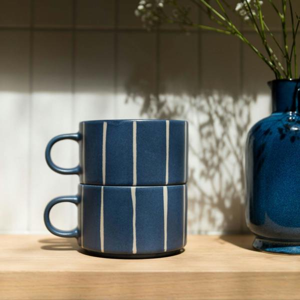 Scandi Home Luna Ceramic Coffee Mugs, Set of 2, 520ml, Navy Blue Striped Reactive Glaze