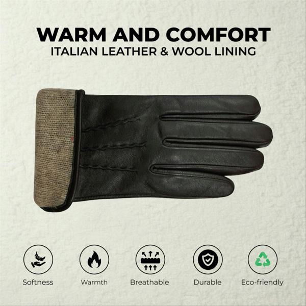 Infinity Leather Womens Italian Leather Winter Stitch Line Design Soft Wool Lining Gloves - L-GLV-301