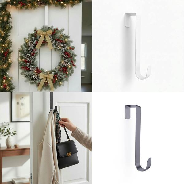 A four-part image showing the metal hooks: a holiday wreath hanging on a white metal over a door, a hand placing a coat and handbag on a grey meta hook, and close-up views of the same hooks in a white background.