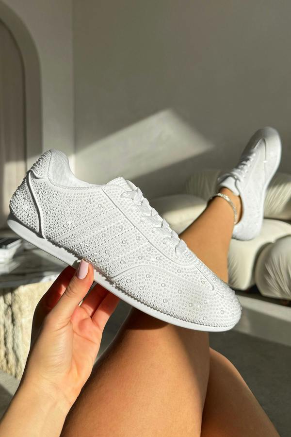 Crystal Dewdrop Lace-Up Trainers White featuring classic lace-up fastening