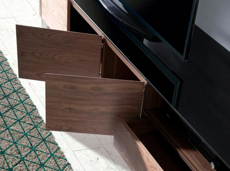 Angel Cerdá TV Unit Walnut, Chrome-plated Steel and Black Glass Top 3047