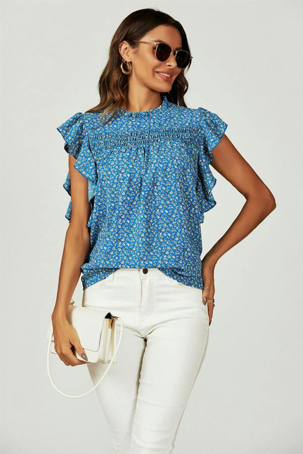 FS Collection Floral Print Frill Hem Short Sleeve Blouse Top In Blue