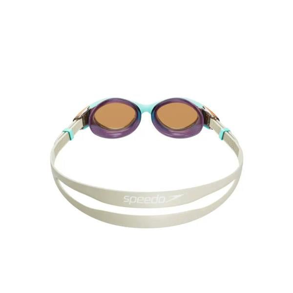 Speedo Biofuse 2.0 female goggles in purple and teal with gold lenses