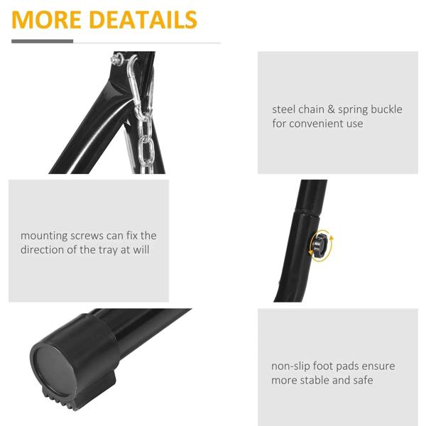 Black metal stand details: chain attachment, mounting screws, and non-slip foot pads