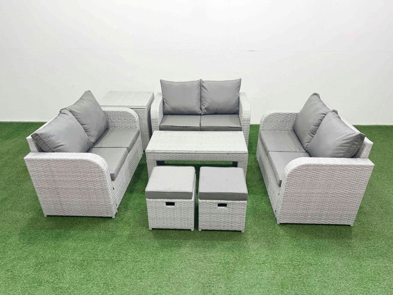 Fimous  8 Seater PE Wicker Rattan Furniture Sofa Sets with Oblong Coffee Table 2 Seater Love Sofa 2 Stool Side Table Light Grey