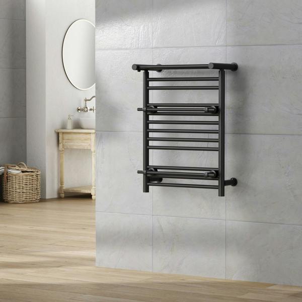 MYHOMEWARE 490mm Wide Electric Black Heated Towel Rail Radiator Top Shelf & Two Towel Holder OSLO For Bathroom - AF Thermostatic Element