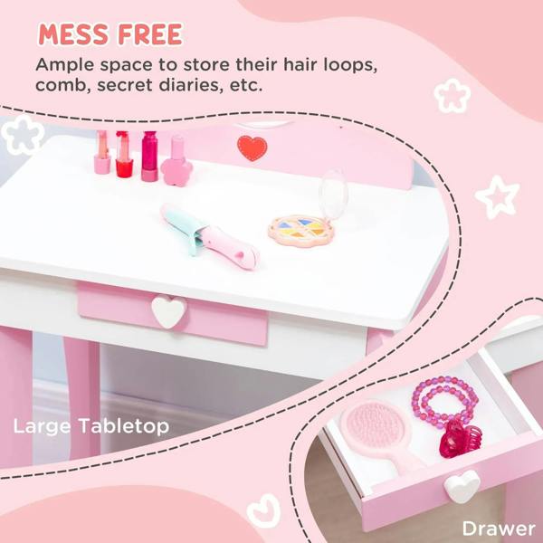 Kids vanity table with large tabletop and heart drawer, shown with beauty accessories