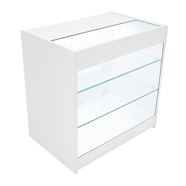 White Astro LED shop counter set with glass shelves, featuring a sleek design and modern finish, ideal for retail displays