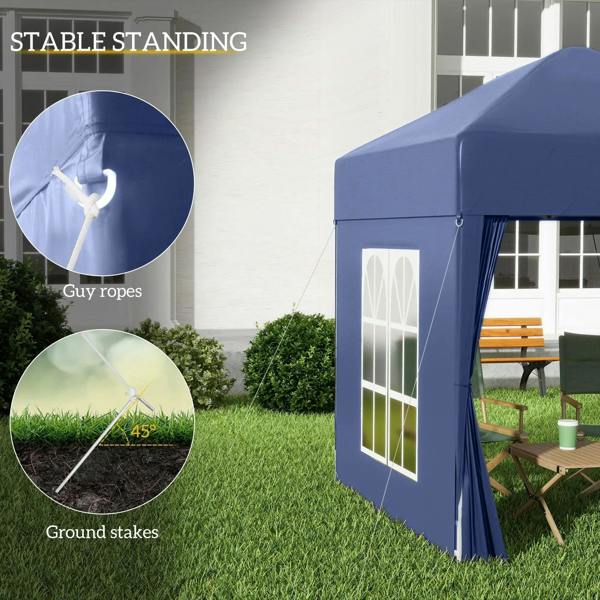 Blue pop-up gazebo with sidewalls, window panels, guy ropes, and ground stakes