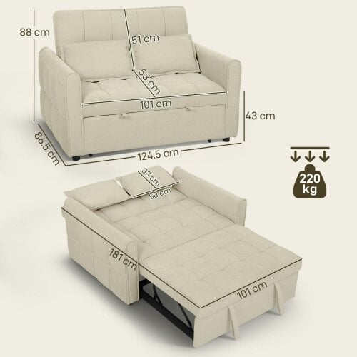 Wyld Haus Noel Cream 3 In One 2 Seater Sofa Bed With Adjustable Back And Cushions