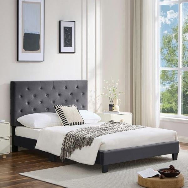 Furniture One Double Bed Frame, Upholstered Platform Bed Frame with Adjustable Headboard, Solid Wood Slats, Max Load 320KS
