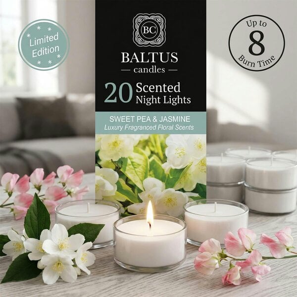 Baltus Sweet Pea & Jasmine Scented Tealight Candles, Pack of 20