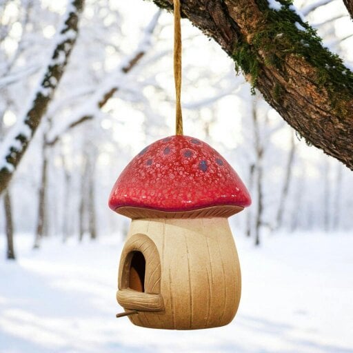 EDH Door Hardware Hand painted Red Terracotta Mushroom Bird House - Garden Décor, Fairy Cottage Style, Outdoor Hanging Birdhouse