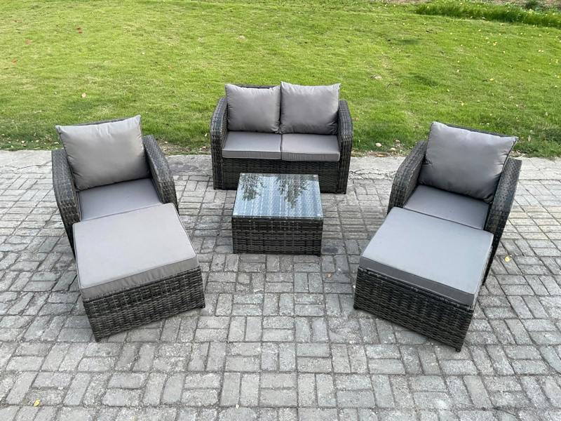 Fimous 6 Seater High Back Garden Set, Square Coffee Table, 2 Big Footstools, Love Sofa, Reclining Chair, Indoor Outdoor Patio Lounge, Dark Grey Mixed