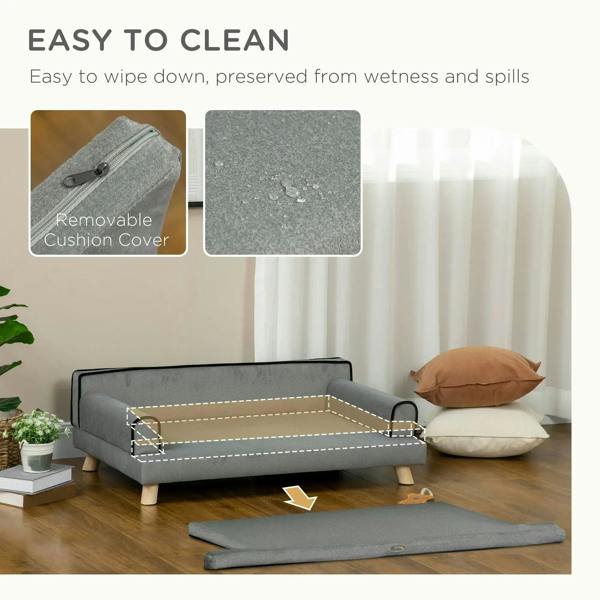 Grey dog sofa with removable cushion cover and wipe-clean water-resistant fabric