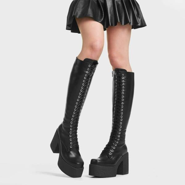 Lamoda On Smoke BlackPU Chunky Platform Knee High Boots Trendy Stylish