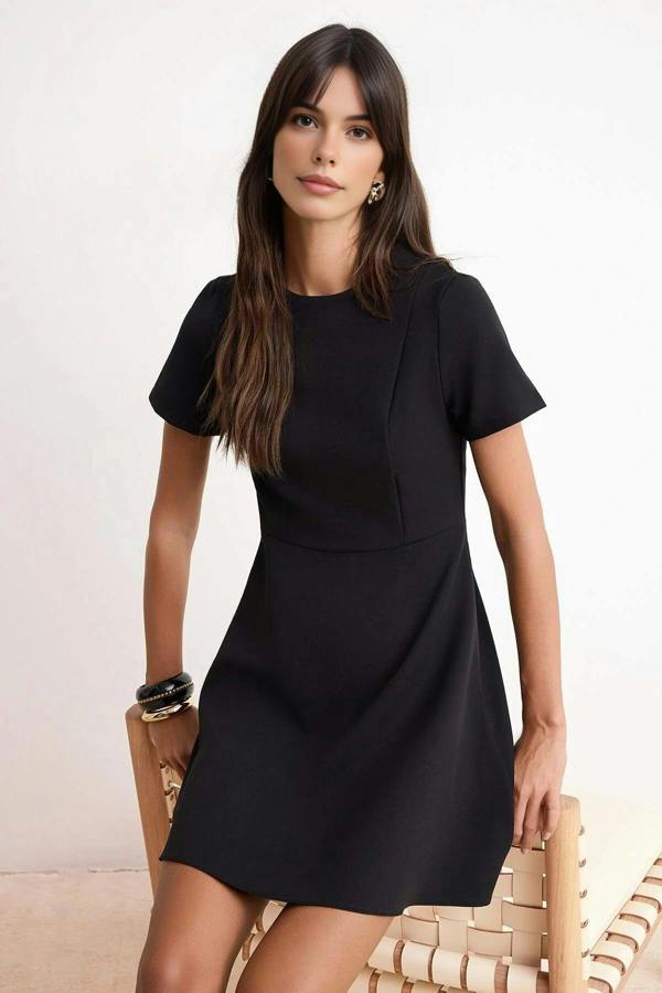 WOVCOR Waist-Fronted Short Sleeved Mini Stretch Woven Dress