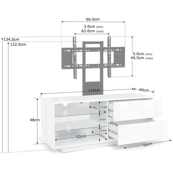 Homeology GALLUS Gloss White with 2- Drawers and 3-Sheves 32"-55" LED/LCD/Plasma Cabinet TV Stand with Mounting Arm