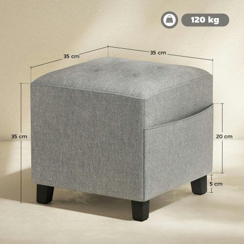 Wyld Haus Linen Light Grey Compact Square Footstool With Side Pocket And Black Wooden Legs