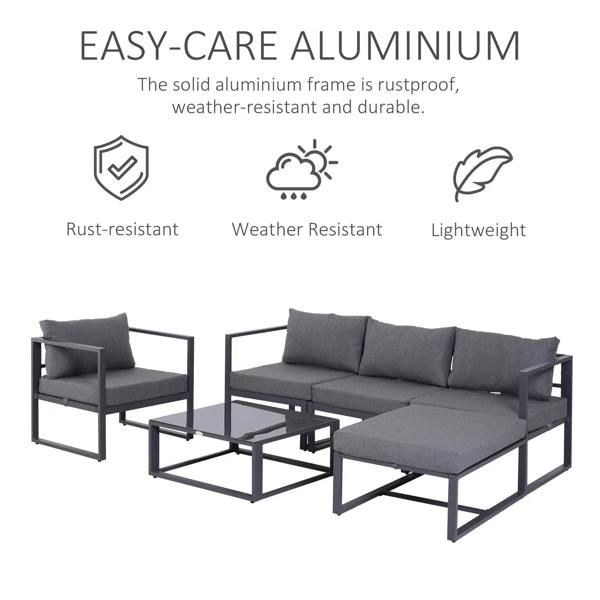 Grey outdoor sofa set with aluminium frame and thick padded cushions