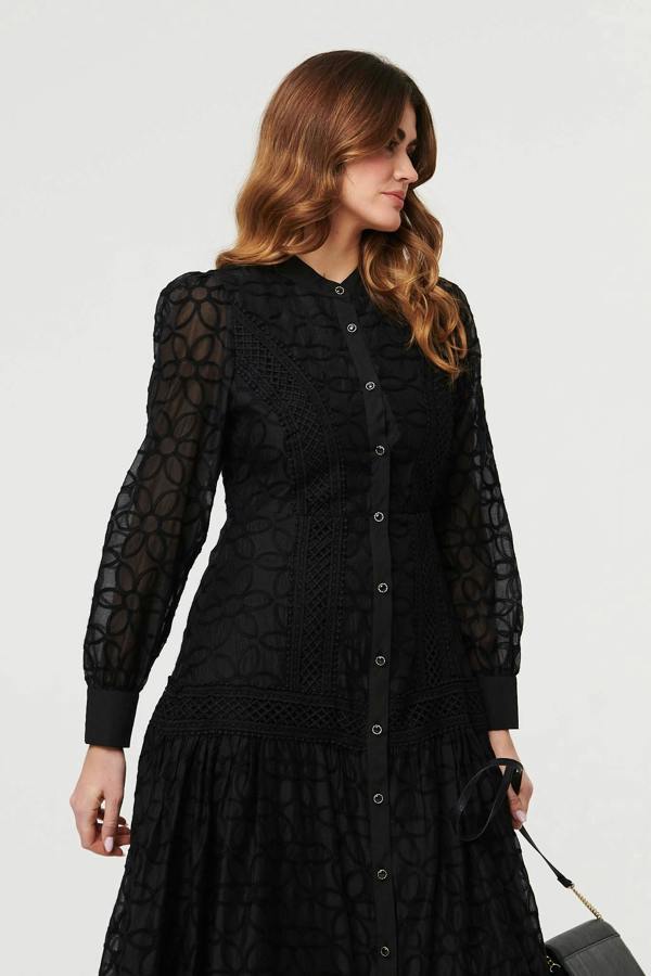 Black | Printed Long Sleeve Smocked Maxi Dress