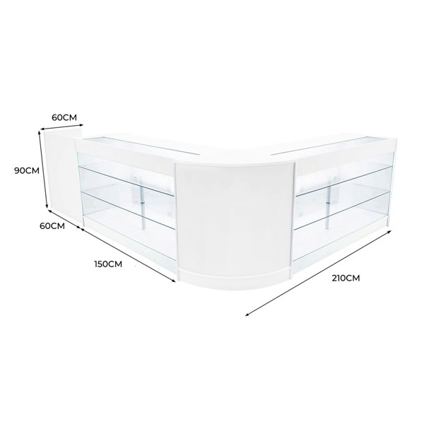 White Aries LED shop counter set featuring sleek glass displays, curved edges, and ample storage space, ideal for retail environments