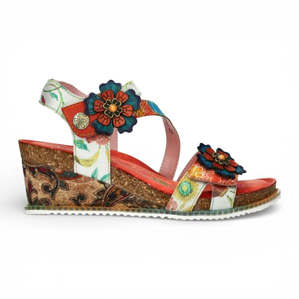 Laura Vita Bonito 32 - Women's Orange Floral Leather Wedge Sandals